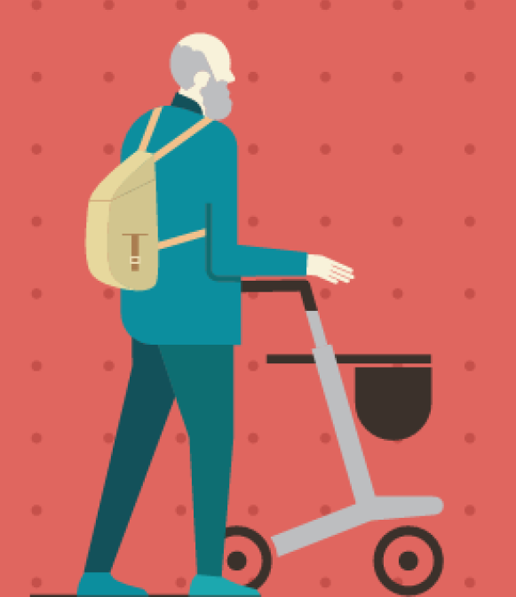 Tekning av mann med rullator - Klikk for stort bilete